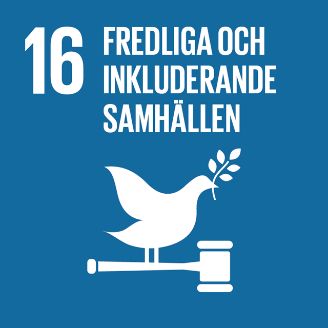 16 "Fredliga och inkluiderande samhällen" med bild av en duva och en olivkvist i näbben. Duvan står på en ordförandeklubba.