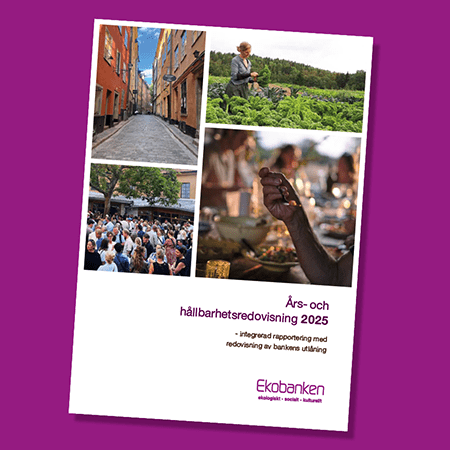 Framsidan av Ekobankens årsredovisning 2025 med bilder som föreställer odling, stadsliv och mingel i Almedalen.