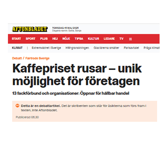 Debattartikel 2025-05-15 Aftonbladet rubrik om Fairtrade och kaffepriser