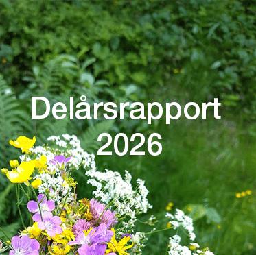 Text: Delårsrapport 2026. I bakgrunden en sommarbukett av blommor.