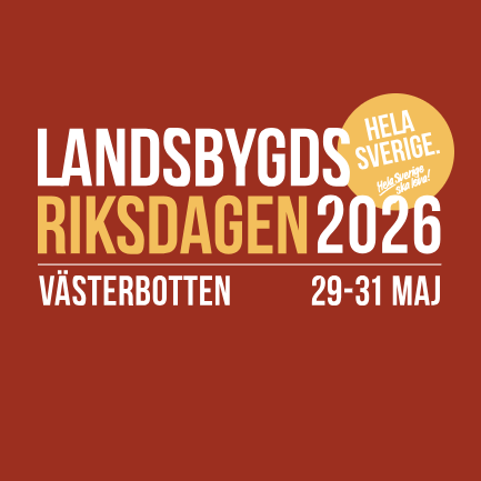 Text mot röd bakgrund: LANDSBYGDSRIKSDAGEN 2026 VÄSTERBOTTEN 29-31 MAJ