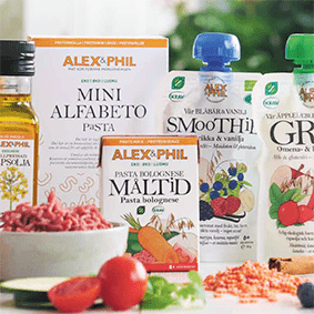 Del av produktutbudet av barnmat hos Alex & Phil