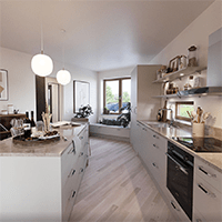 Sobert kök i vitt och grått. Vitlaserat trägolv.