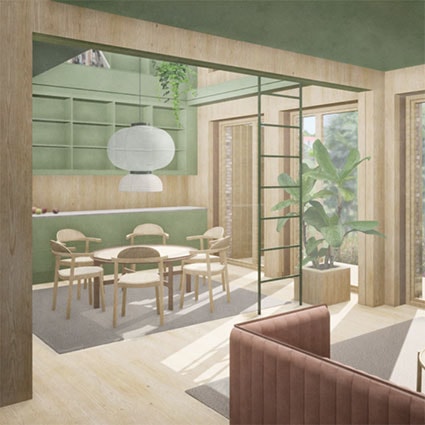 En illustration som går i grönt och beige; hus som är inrett i skandinavisk stil med mycket trä och ljusa färger.