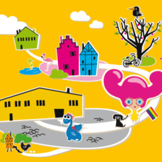 En illustration med gul botten och flera färgglada hus.