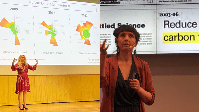 Två sammanfogade bilder på Maria Flock Åhlander, Ekobanken, samt Elinor Askmar, Omställningsnätverket